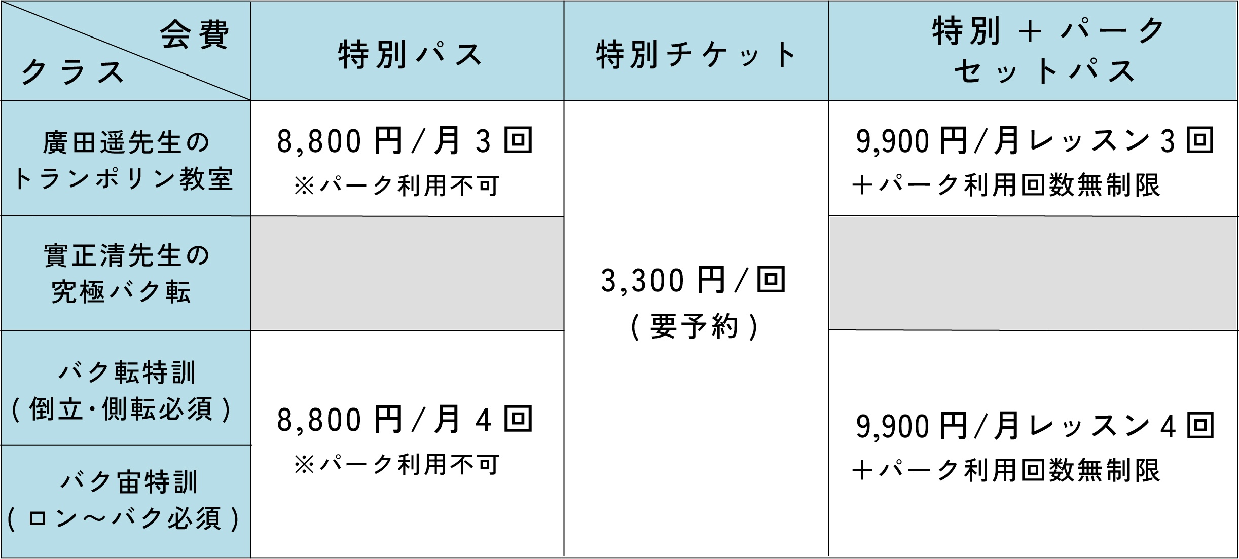 特別レッスン(小学生〜高校生) 料金表