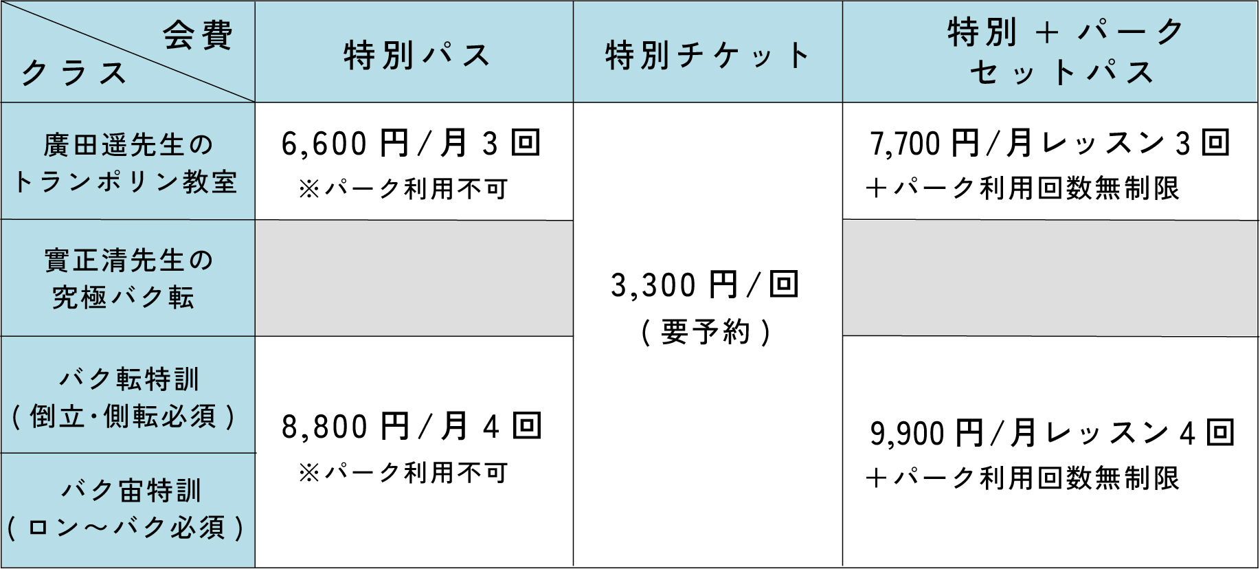 特別レッスン(小学生〜高校生) 料金表